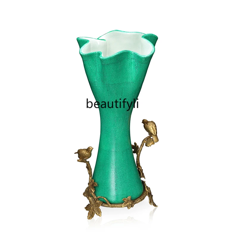 

zqVintage Luxury Ceramic Inlaid Copper Vase American Creative Flower Decoration Ornaments