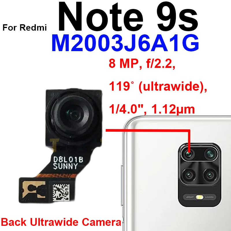 Front Back Camera For Xiaomi Redmi Note 9S M2003J6A1G Rear Front Small Selfie Facing Ultrawide Camera Flex Cable Model Parts