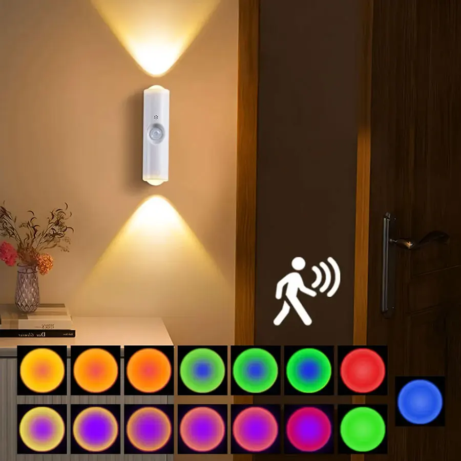 

LED Double-Head Spotlight Wall Lamp Rechargeable Motion Sensor Night Light for Corridor Stairs Tri-Color White RGB Optional
