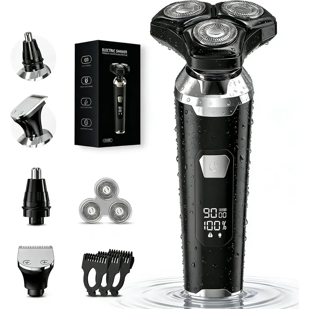 

Мужская роторная бритва 3-в-1 для влажного и сухого бритья: подходит для чувствительной кожи, подстригает бороду, волосы в носу и усёки.