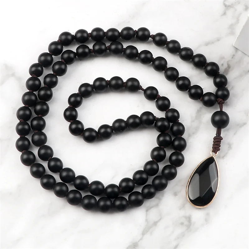 Natural Stone Pendant Necklace for Men 8mm Black Matte Beads Classic Mala Rosary Knotted Long Necklaces Charm Women Yoga Jewelry