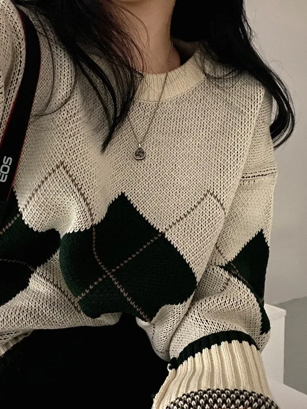 

Retro Knitted round Ne Sweater Women's Loose Fit Casual Versatile id Pattern Autumn New Sle Full Overhead Knitwear