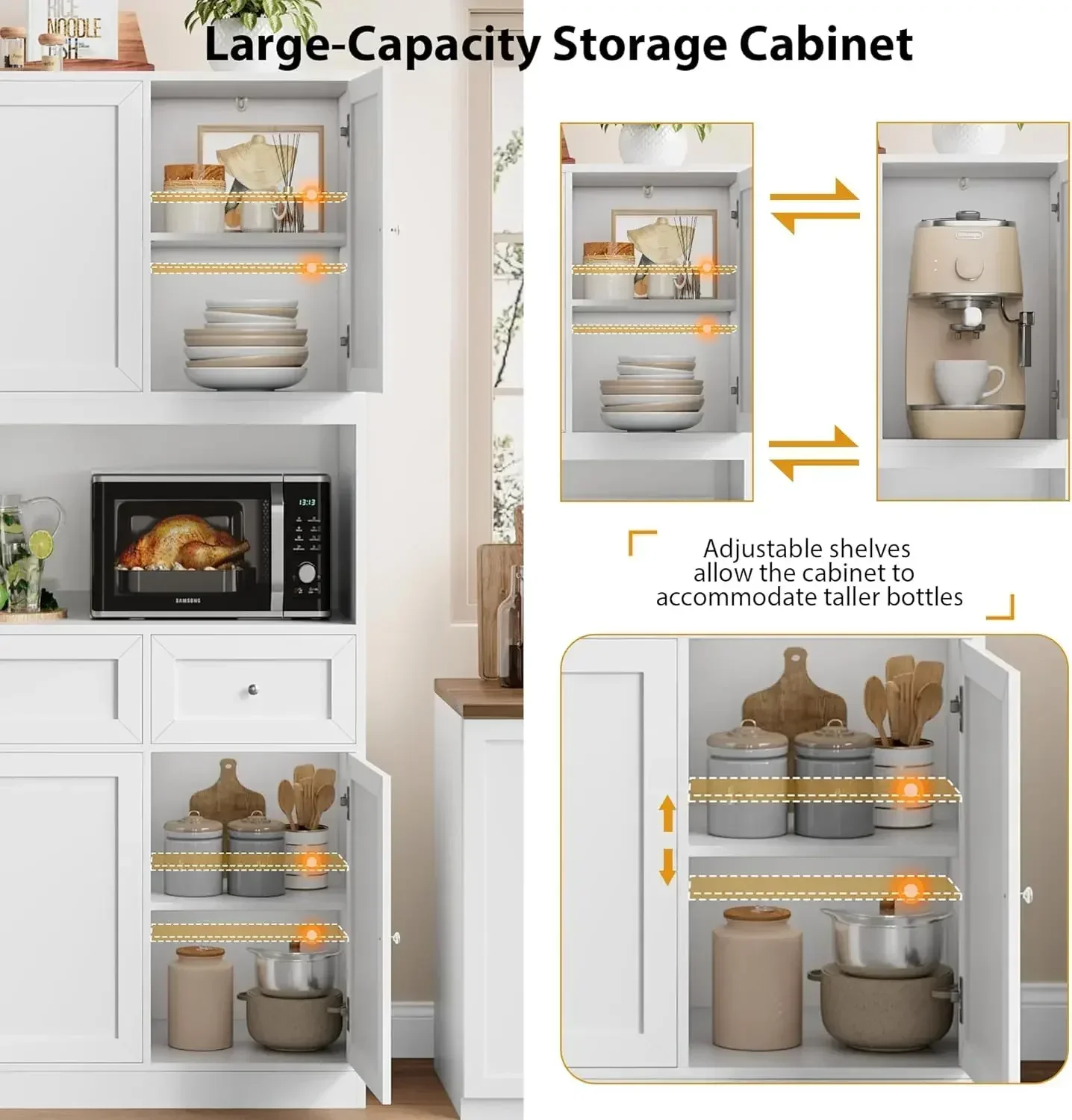 [سعر مخفض! ] خزانة مخزن المطبخ مقاس 72 بوصة، وخزانة المطبخ مع حامل الميكروويف، وخزانة بوفيه مع قفص لتناول الطعام في المطبخ