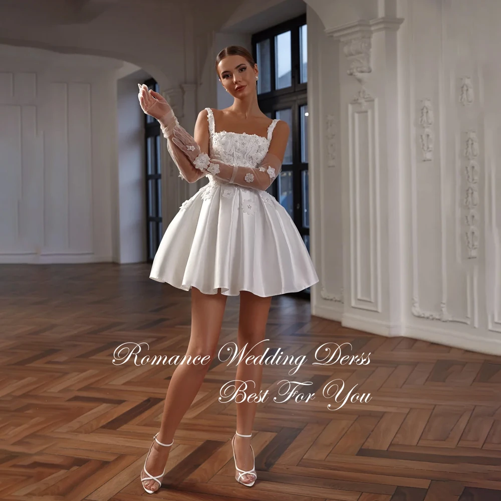 Moderno plissado flores curto a linha vestidos de casamento feminino gola quadrada sem mangas cintas de espaguete vestidos de novia personalizado