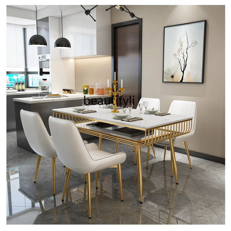 

Nordic Marble Double-Layer Dining Table Rectangular Chinese Restaurant Modern Light Luxury Dining Tables and Chairs Set