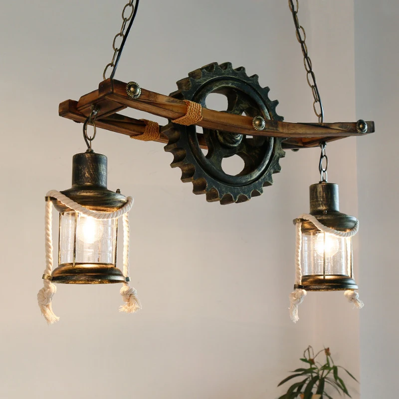 

American Light Design Vintage Chandelier Retro Cafe Bar Restaurant Wooden Loft Pendant Lamp Gear Industrial Hanging Glass Light
