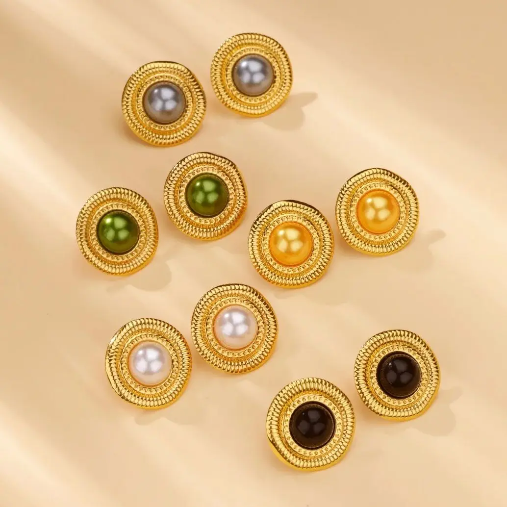 

Vintage Stainless Steel Geometry Round Color Pearl Stud Earrings for Women Gold Plated Earrings Jewelry Party Trendy 2025 New