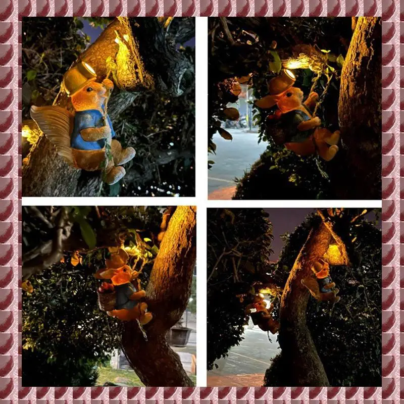 

A95G Resin Animal Decorations Solar Lights Garden Bunny Squirrel Climbing Wall Hanging Garden Homestay Landscaping