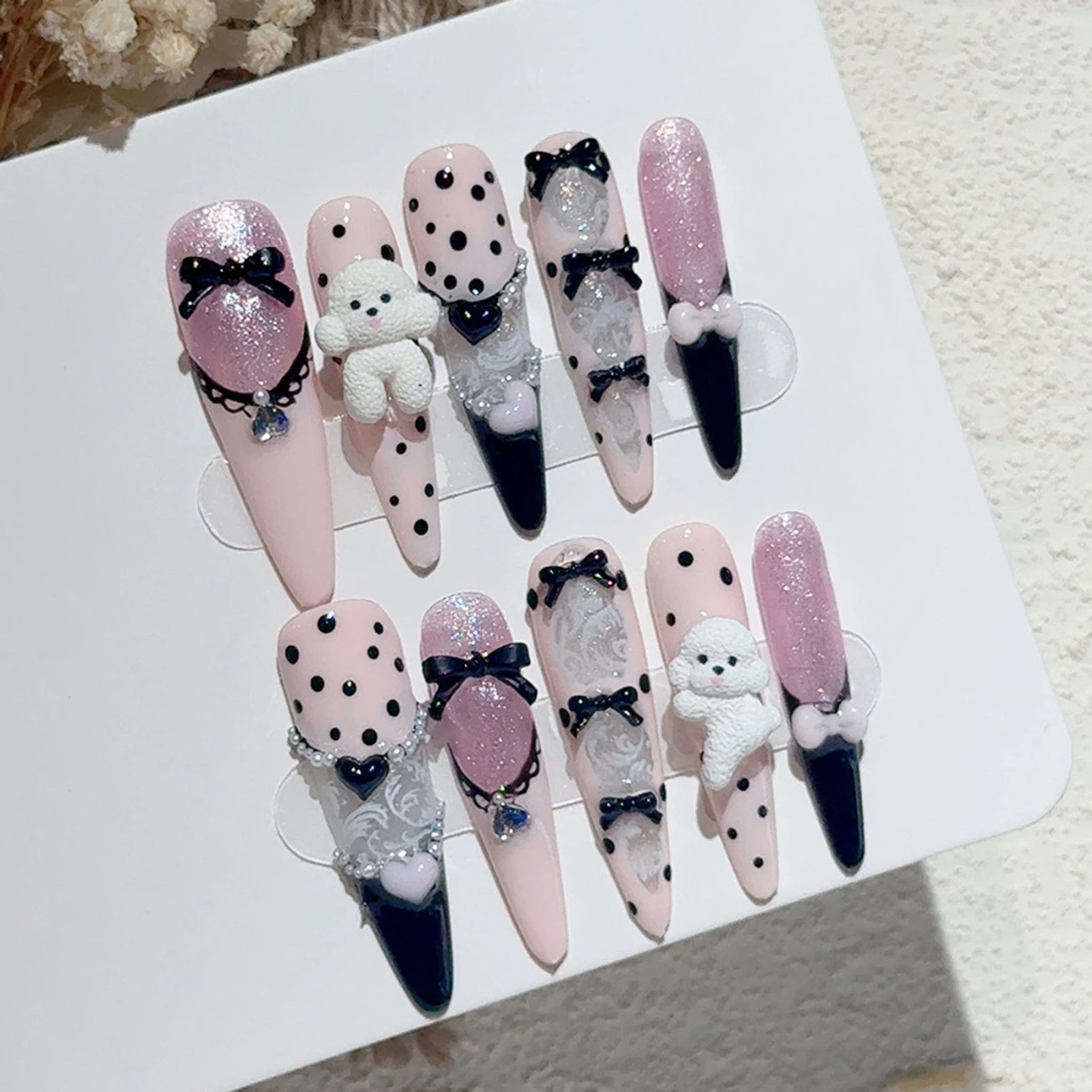 10 pièces dentelle noire à pois Ballet français presse sur ongles faux ongles pour femmes bricolage Nail Art cadeau pour fête mariage Halloween