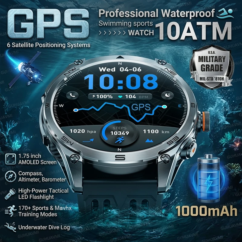 

Новые умные часы с GPS и большой батареей 1000 мАч для мужчин, водонепроницаемые до 10ATM, прочные, военного класса, с отслеживанием маршрута по карте, Bluetooth-звонками и функциями смарт-часов