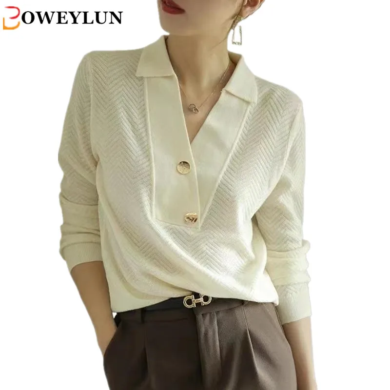 

BOWEYLUN V-Neck Hollow Out Knit Sweater Long Sleeve Autumn Women Solid Color Loose Commuter Tops Female