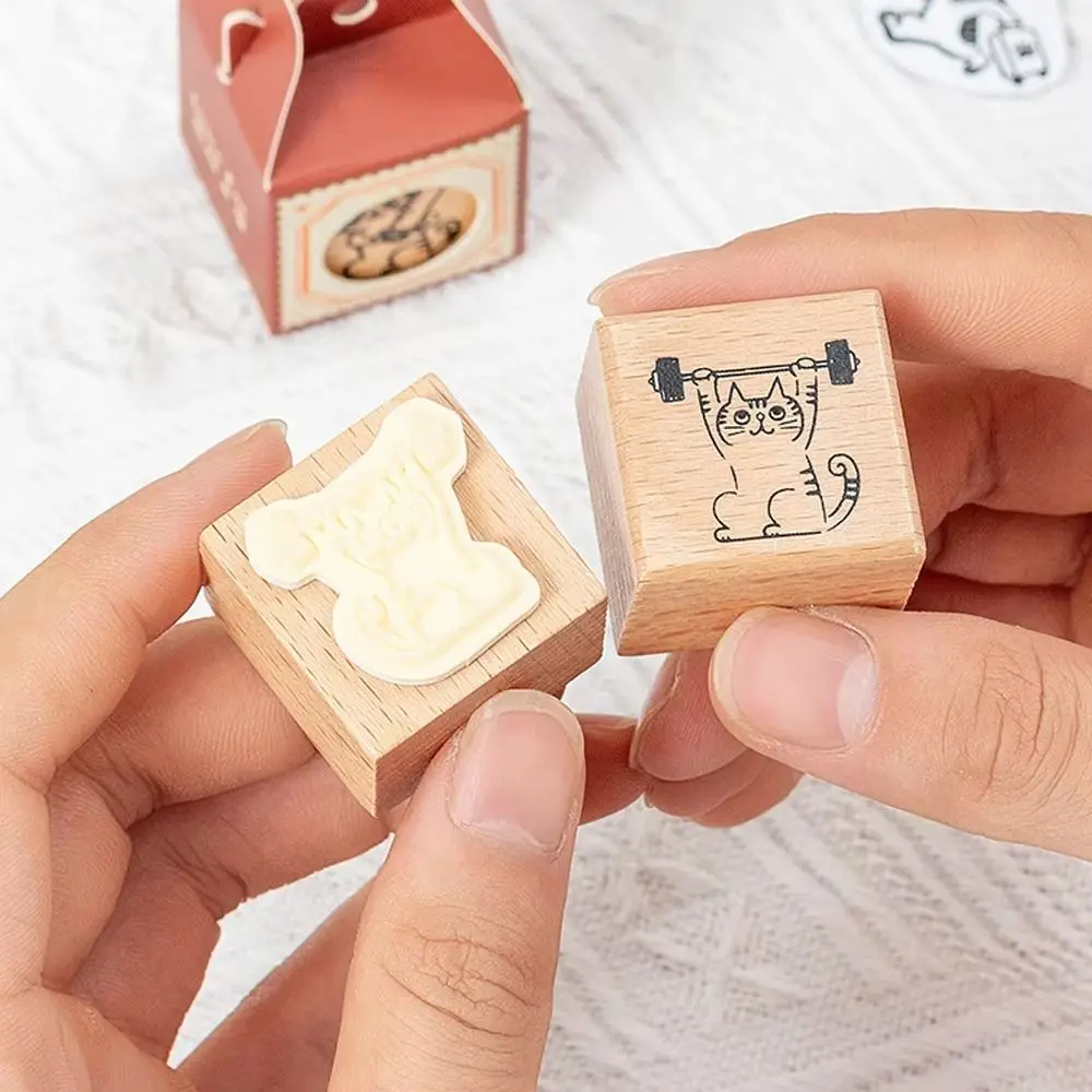 Cute Wooden Rubber Stamps Artistic Style DIY Craft Cat Patterns Stamps Minimalist Animals Cat Journal Decoration Stamps