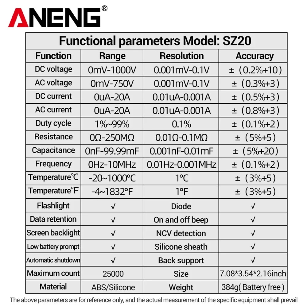 ANENG SZ20 25000 Counts Multimeter Smart Manual Range Meter NCV AC DC Ohm Hz Smart Manual Range Digital Multimetro Tester Tools