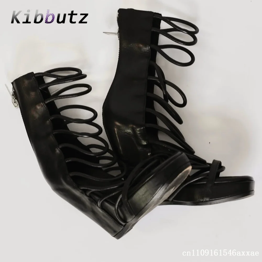 Solid Black Round Toe Multi Strap Platform Wedge Boots Women Rear Zipper Stylish Runway Summer Daily Outdoor Ankle Sandal Boots