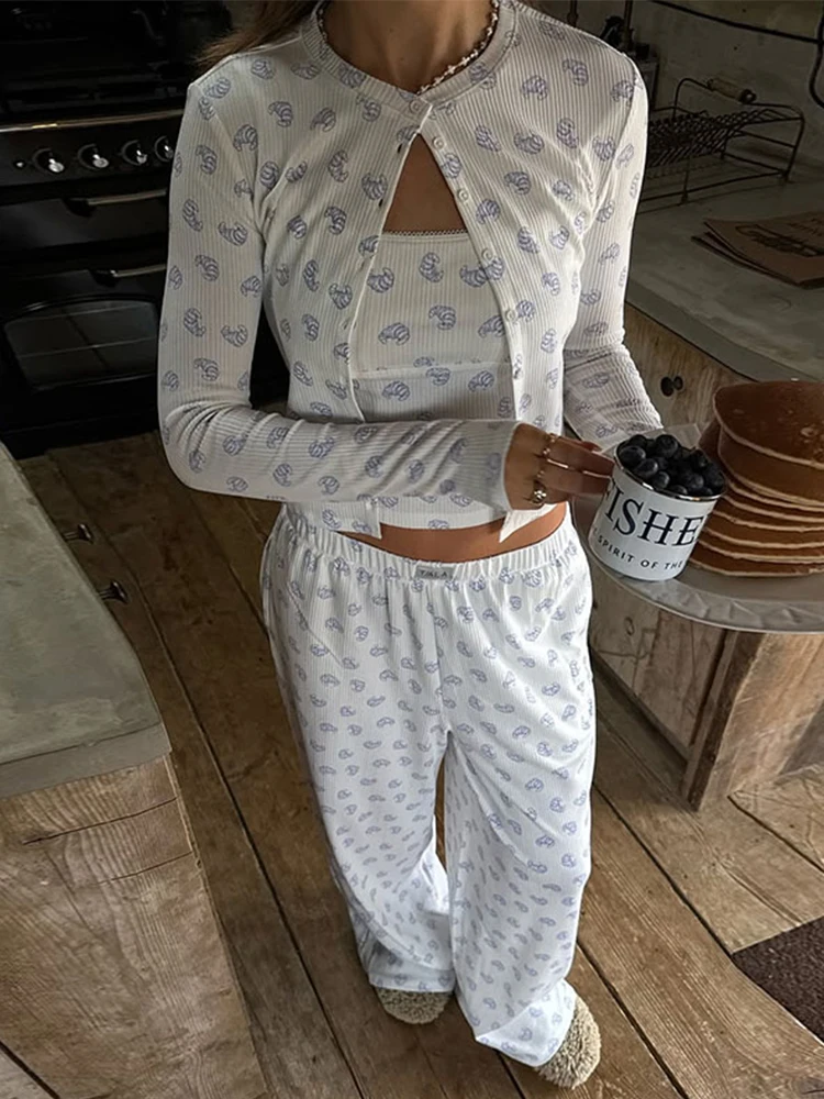 3 Pieces Pajama Sets Women Printed Spaghetti Strap Top Long Sleeve Cardigan Elastic Wide Leg Pants Sleepwear Nightwear Homewear 