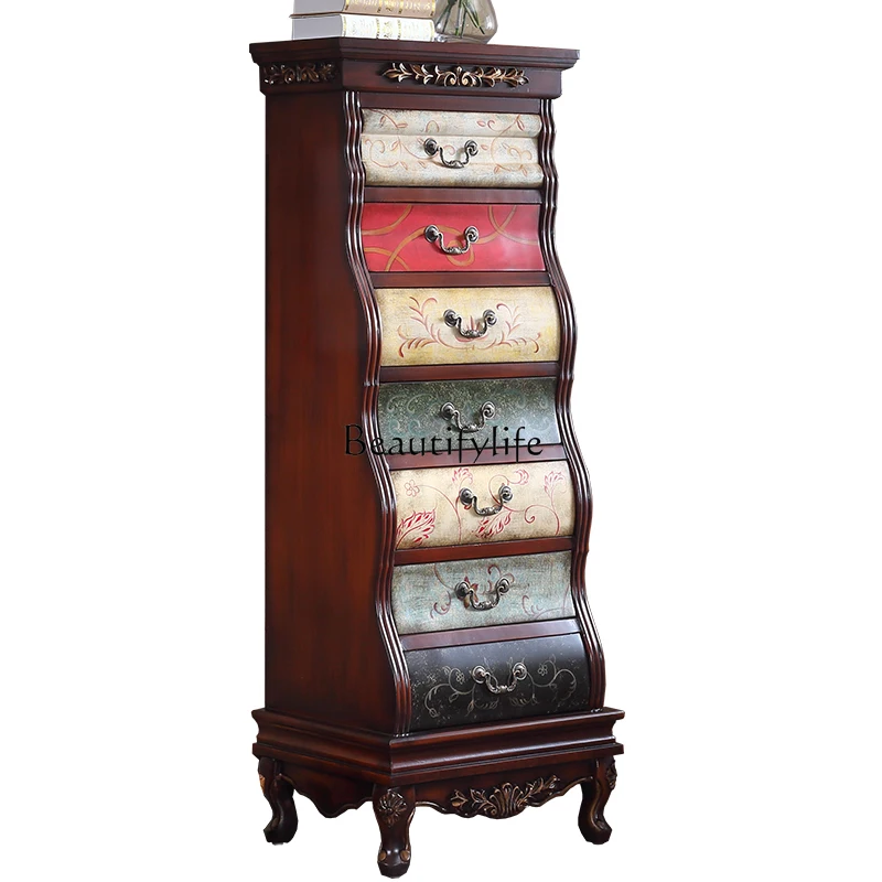 American Idyllic Vintage Distressed Solid Wood Painted Multi-Layer Chest of Drawers against the Wall Curio Cabinet