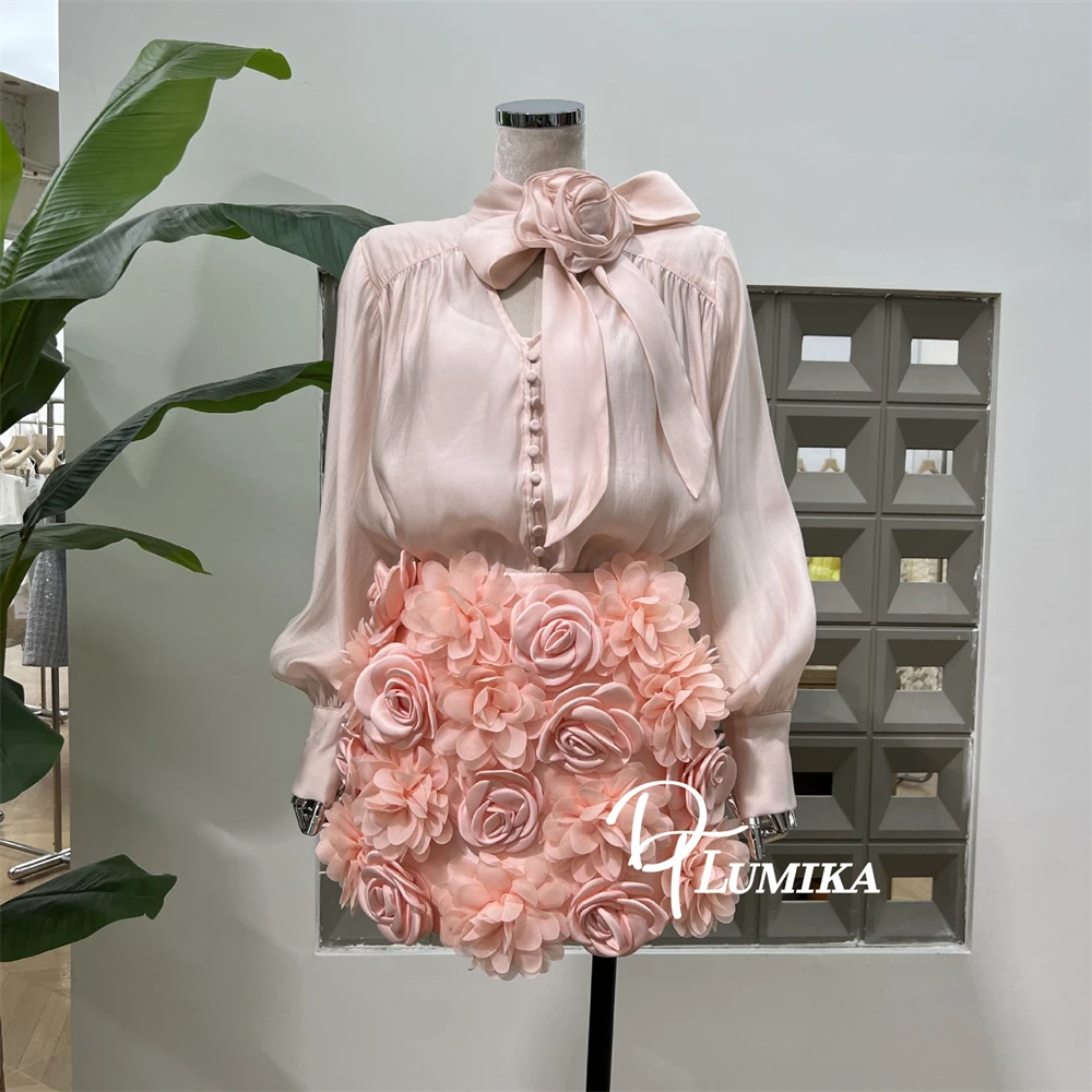 DTLumika - 秋の新作ピンク花柄シャツ＆スカート、シフォン長袖Tシャツとジッパー付きギャザースカート レディースファッションコーデ