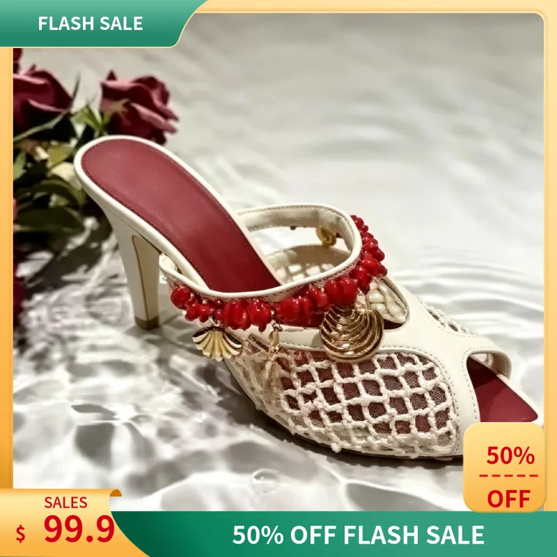 Sandalias de cuña de malla con punta abierta para mujer, estilo boho, con cuentas de coral, estrellas de mar y conchas marinas, para fiestas de verano en la playa o resort, modelo F370