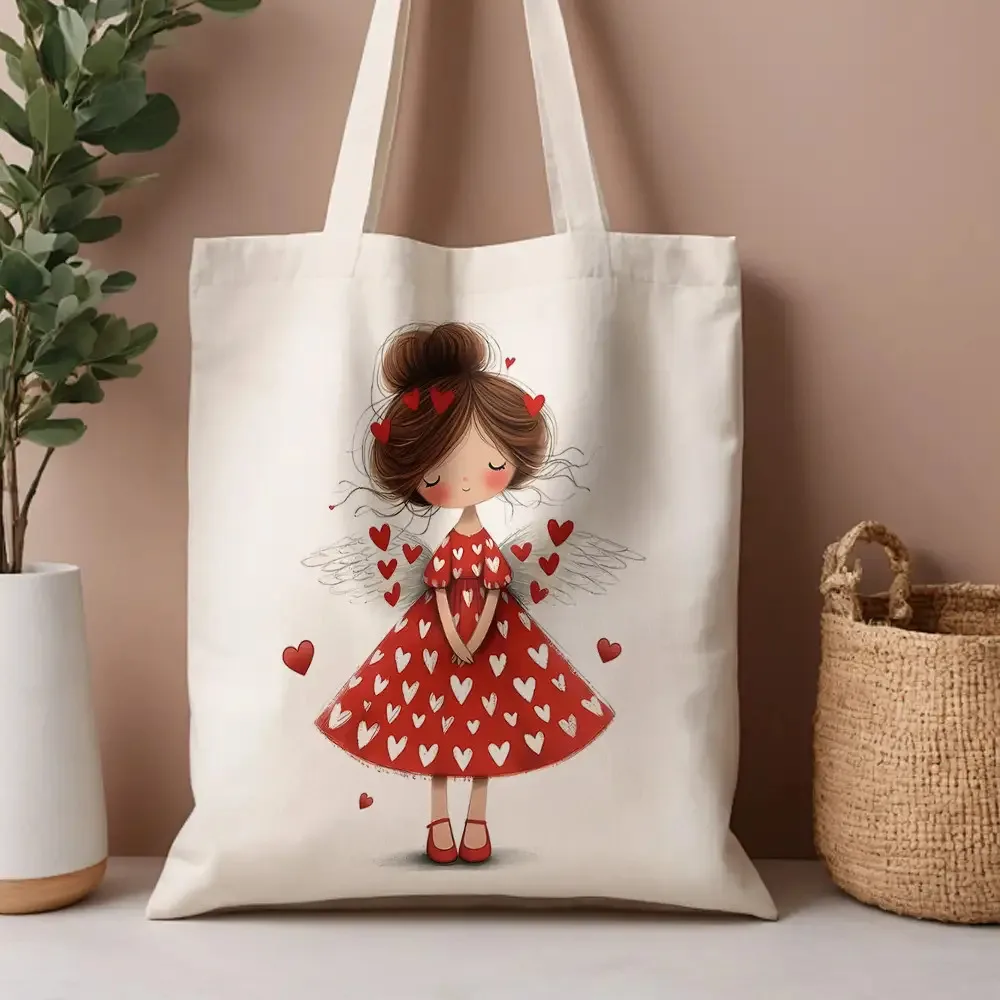 1pc Cute Angel Girl Red Heart Reusable Canvas Shopping Bag,s