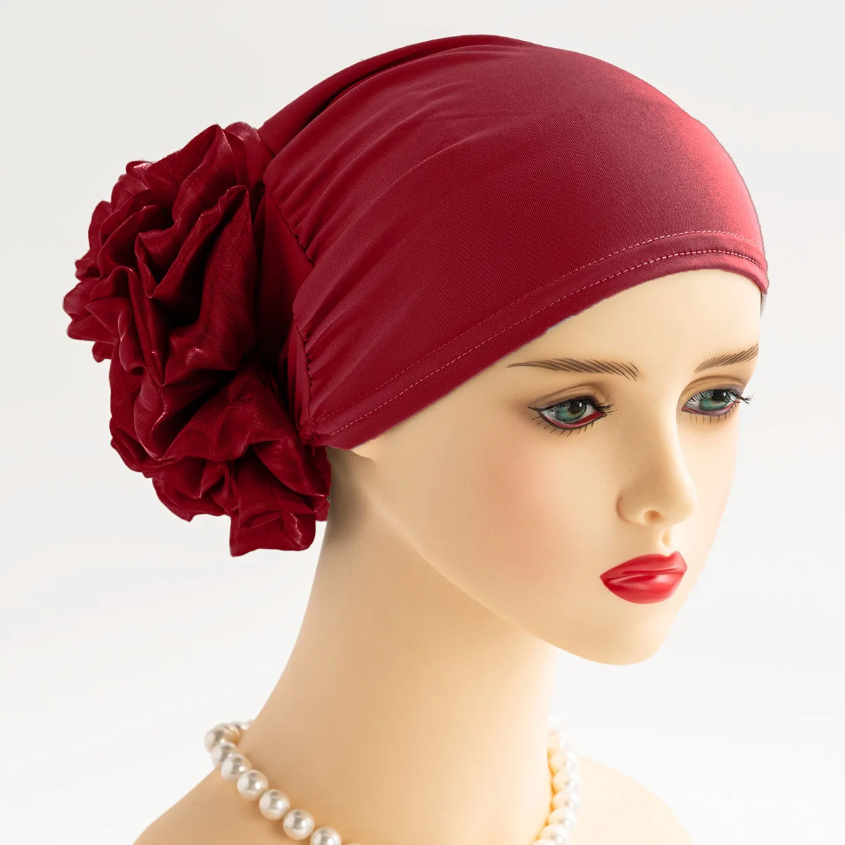 Women Fashion Big Flower Turban Elastic Cloth Hair Bands Hat Beanie Ladies Muslim Solid Hair Loss Scarf Cap Hair Accessories