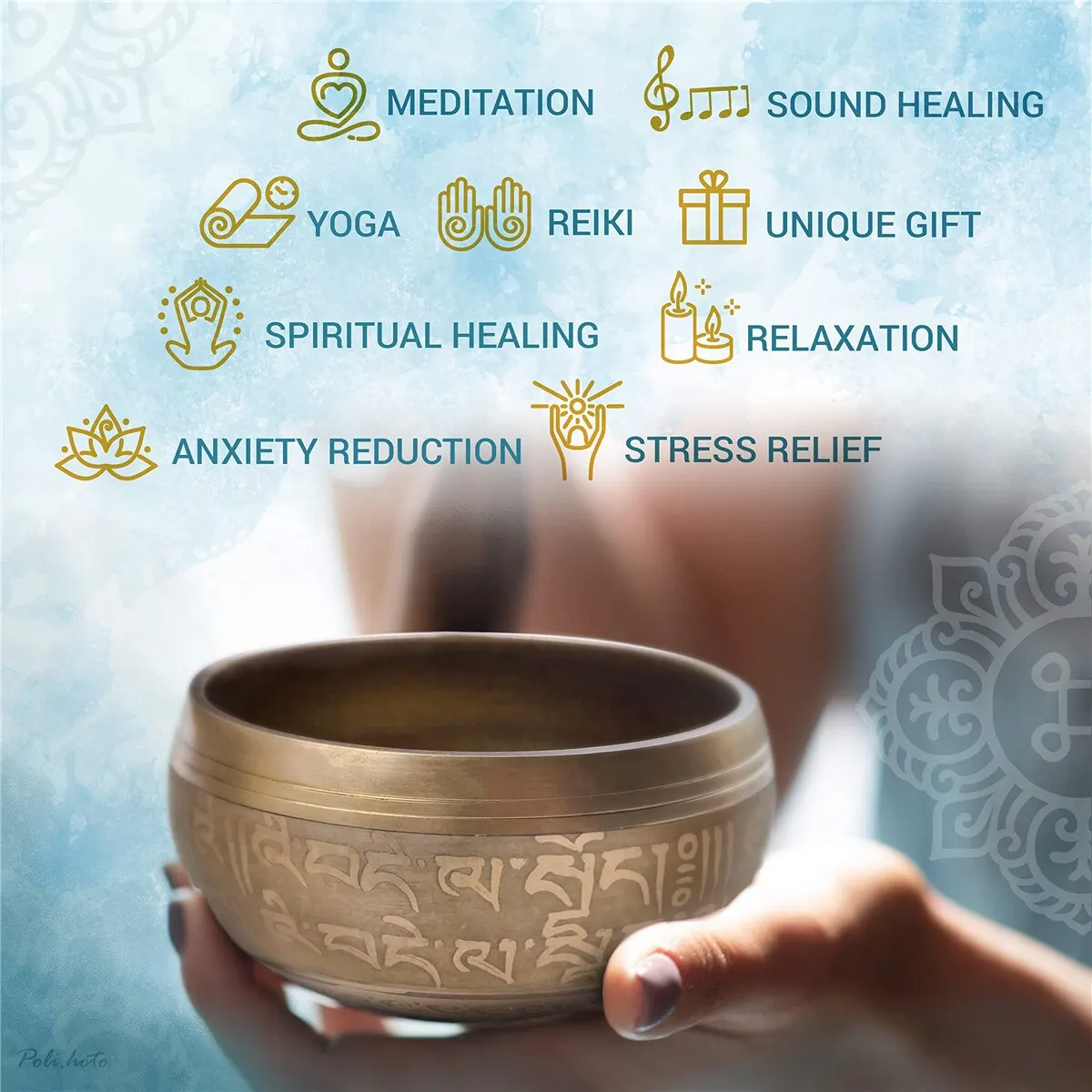 Tibetan Singing Bowl Set Totem Sound Bowl Meditation Bowl Unique Gift Helpful for Meditation Yoga Stress Relief Gold Bowl