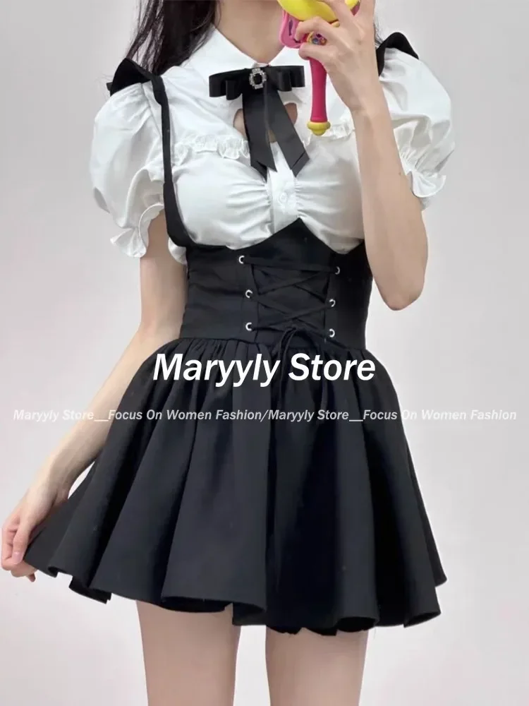 Summer Cute Girl Kawaii Two-piece Women Korean Stlye Elegant Pink Puffed Sleeves Heart Hollow Shirt + Black Suspender Mini Skirt