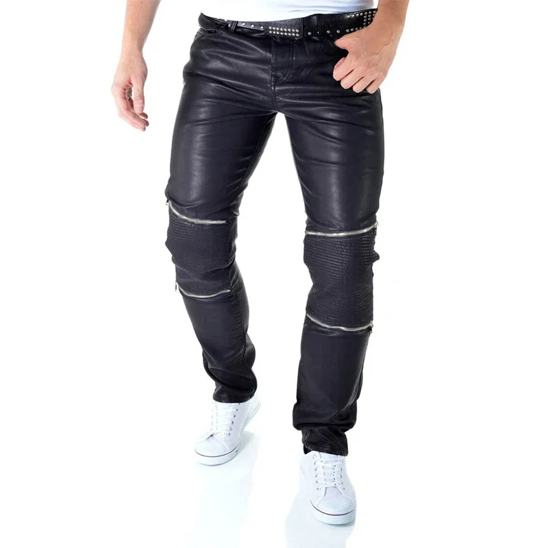 Black Matte Faux Leather Decorated With Zipper Men Slim Straight Pants Chic Male Motorcycle Pant Style PU Trousers Casual Custom