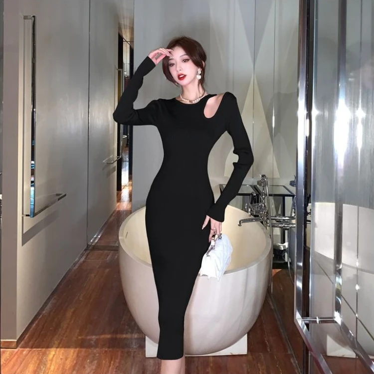 Refined Openwork Luxury Feel Knit Dress AW New Fitted Bodycon Over-Knee Base Layer Maxi Dress Stylish