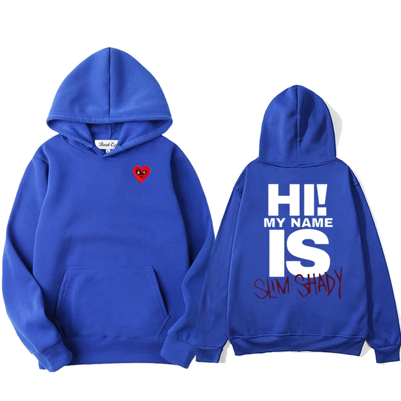 

Eminem Slim Shady Letter Print Men Women Hoodie Polyester Red Glasses Heart Embroidery Pullover Pockets Thin Loose Autumn Hoody