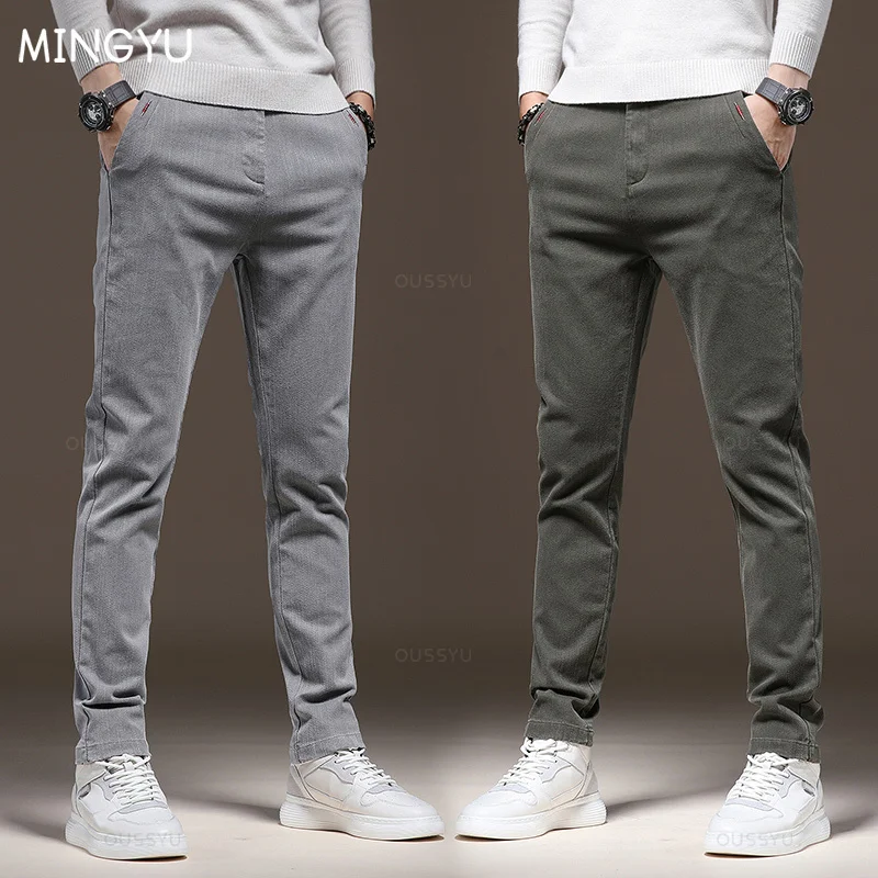 MINGYU pantaloni Cargo elasticizzati da lavoro classici nuovi di zecca da uomo in cotone Slim Fit grigio verde corea autunno inverno pantaloni Casual spessi maschili