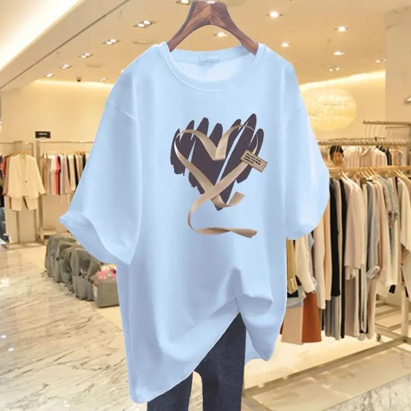 Women's Love Print Cotton O-neck T-shirt, Loose Short Sleeve Top, Basics Pullovers, Casual , Fashion, Summer,