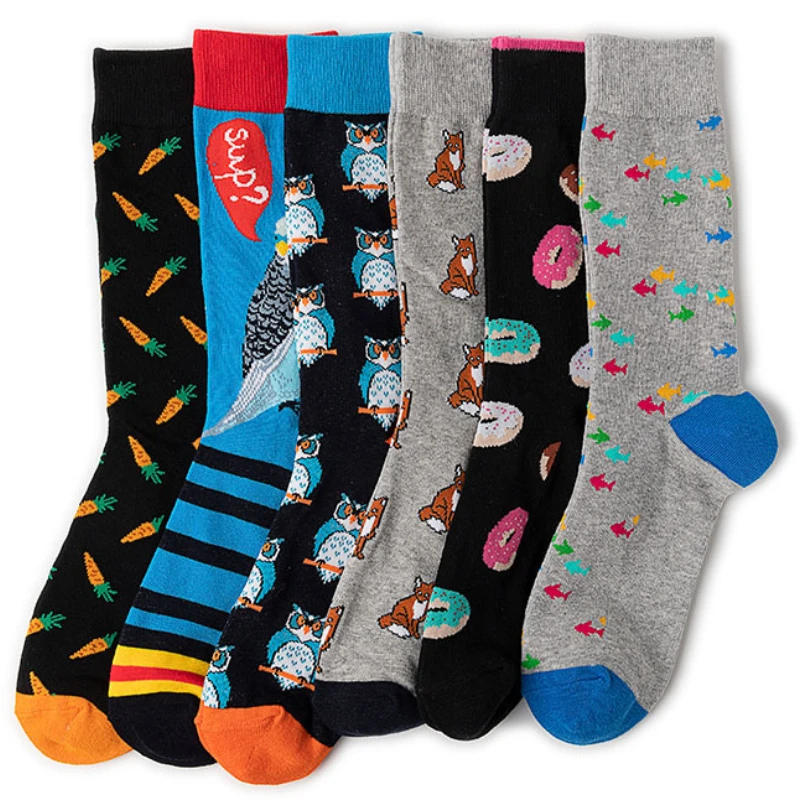 Fashion Funny Socks for Men Cartoon Cotton Socks Fish Donut Carro owl Hip Hop Harajuku Happy Casual Skateboard