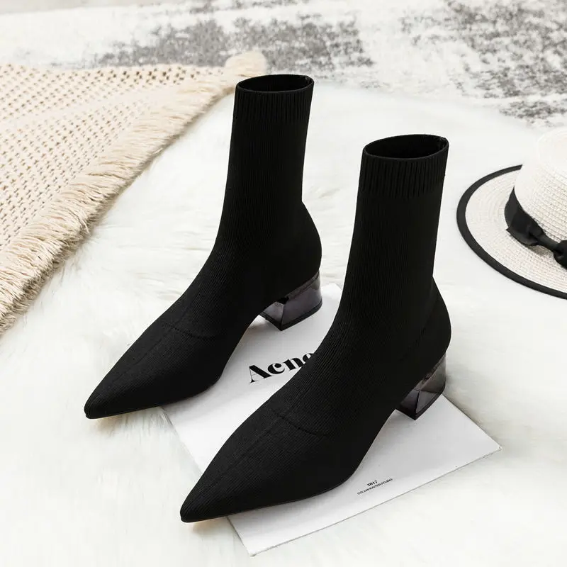 Women Dress Pointed Mid-heeled Ankle Boots Female  2023 Knitted Block Low Heels High Socks Shoes Botas Femininas Tendencia 2023