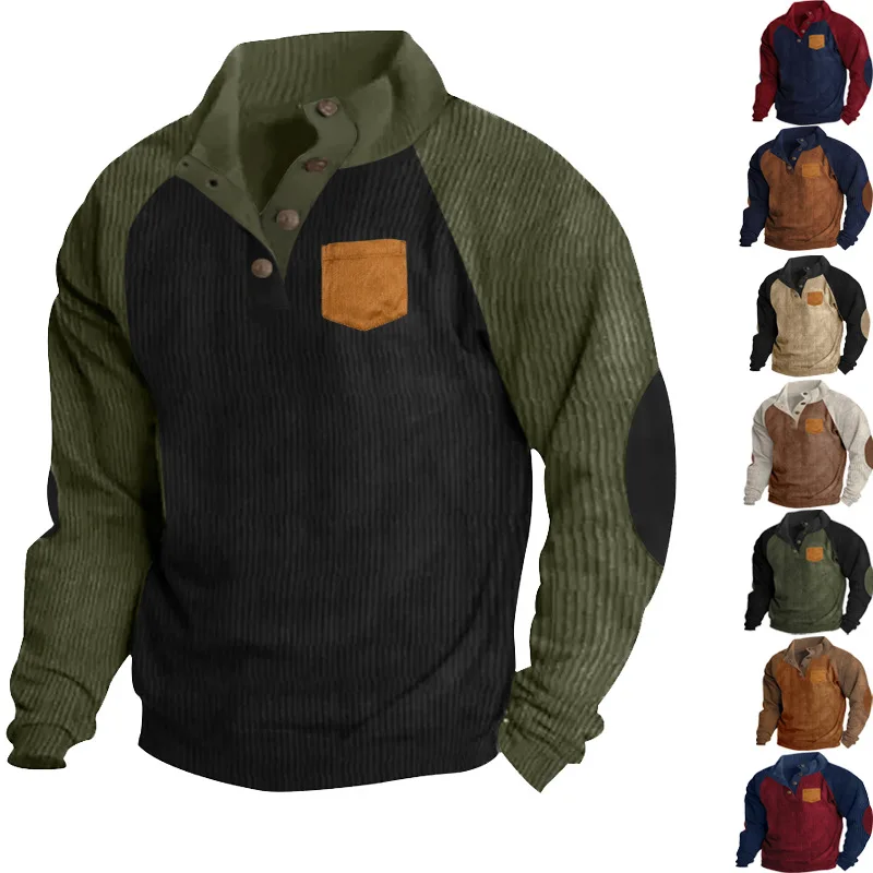 Spring and Autumn Mens Outdoor Rough Sleeves Casual Stand-Up Collar Loose Corduroy Color Matching Pullover Sweater