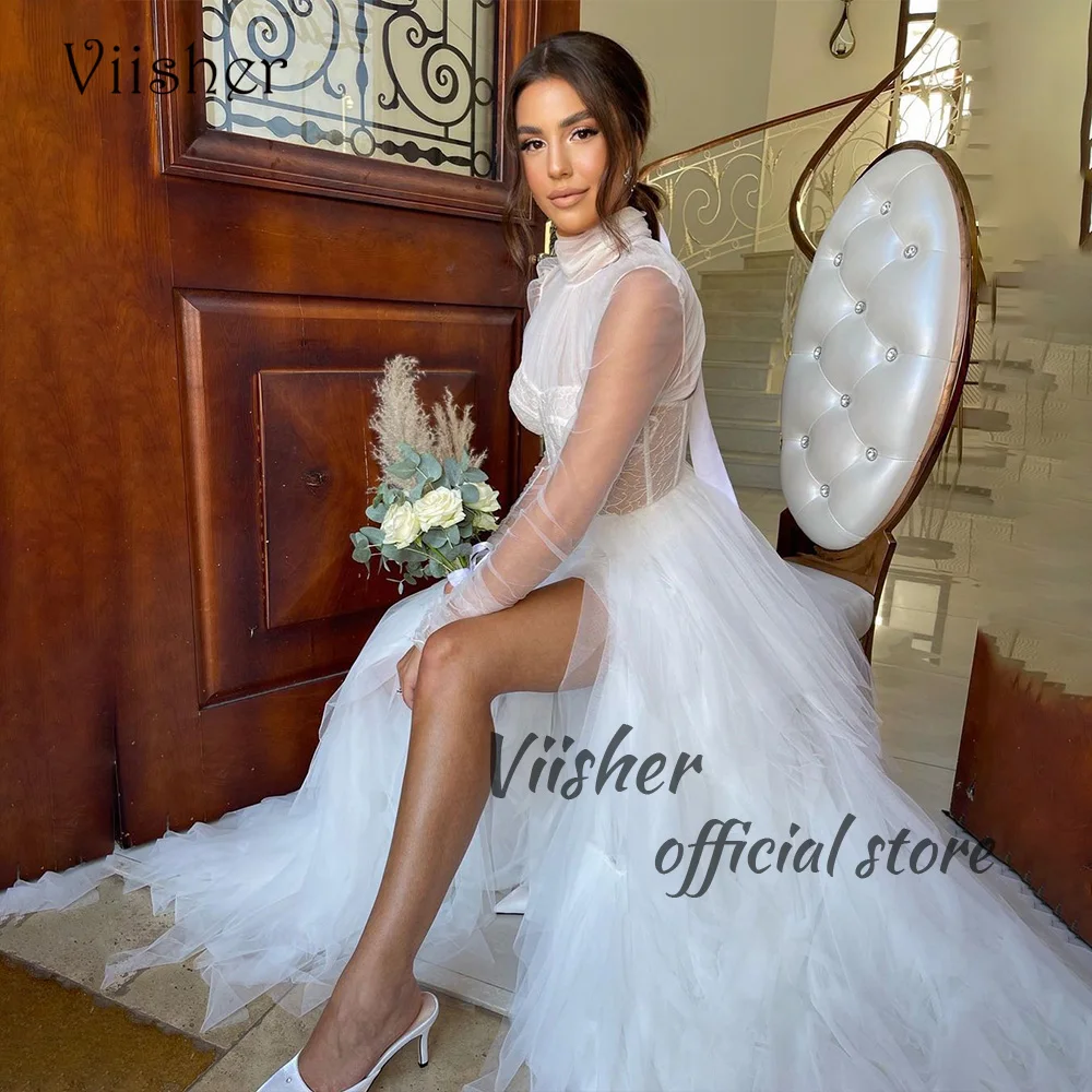 

Viisher White Tulle Israel Wedding Dresses Long Sleeve High Neck Corset Bridal Gowns with Split Beach Wedding Bride Dress