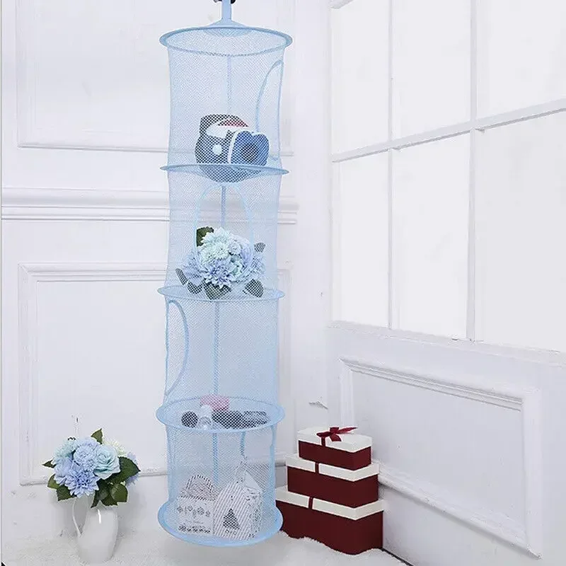 Foldable Plush Toy Storage Basket Cylindrical Breathable Mesh Hanging Bag Four Layer Plush Toy Drying Basket 110X30CM