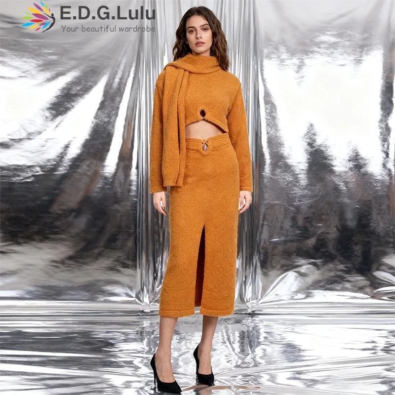 EDGLuLu rétro décontracté 2 pièces ensemble 2025 automne nouveau col rond à manches longues haut court + taille haute fente jupe longue jaune bleu costume 1024