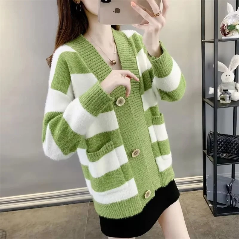 Women Stripe Sweater Top Ladies V-Neck Cardigan Knitted Jacket  Female AutumnWinter Large Size 5XL Fashion Thickening Knit Coat