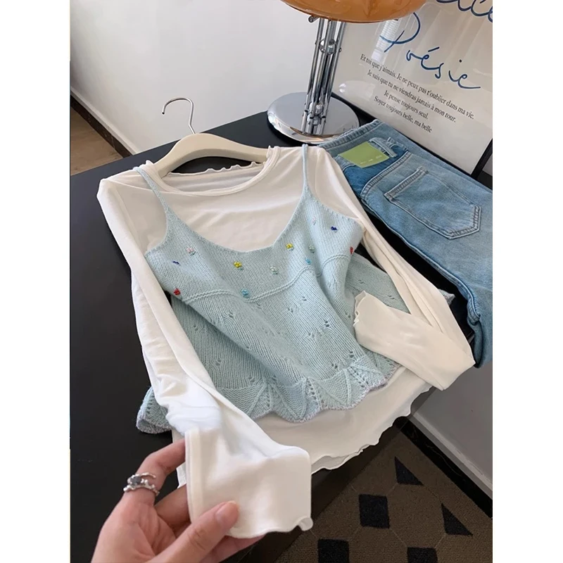 가을 패션 여성 트렌디 2025 신상 투피스 세트 니트 스웨터 롱 슬리브 레이어링 아우스피어 탑 프렌치 스타일 폴리에스터...