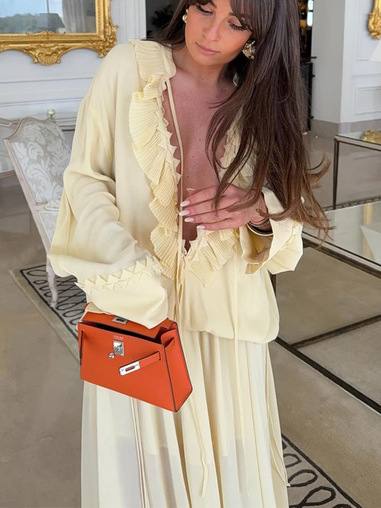 

HH Summer Elegant Women's Yellow Ruffle Shirt Vintage Loose V-neck Long Sleeve High Street Commute Blouses Lady Clothing