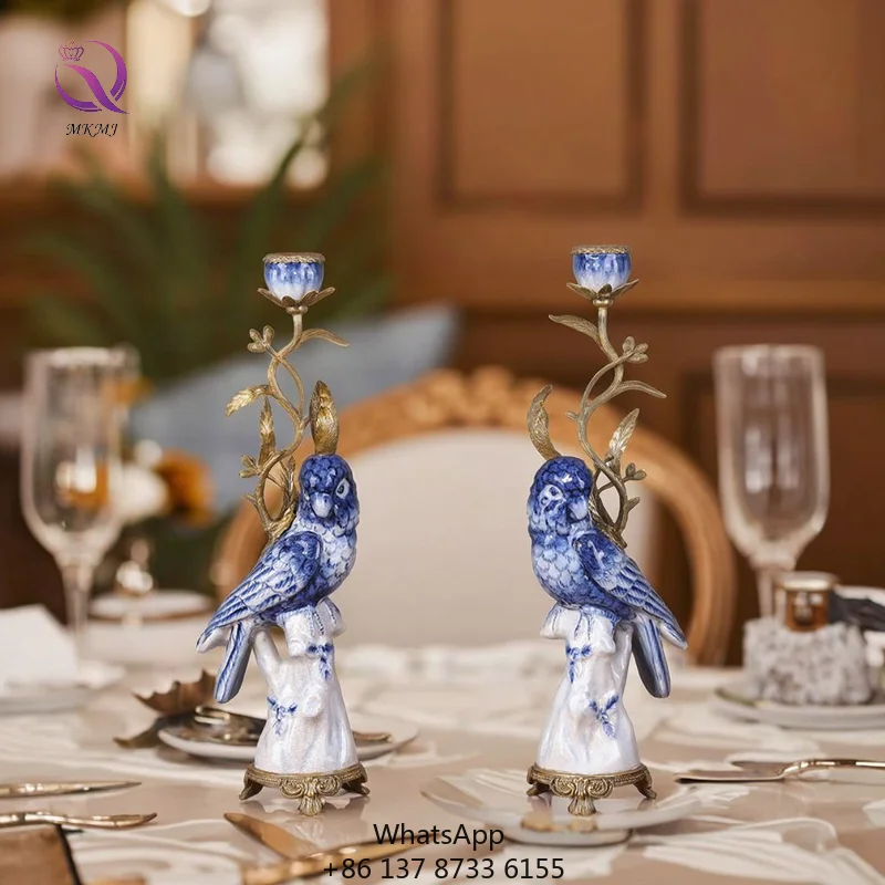 

Home Restaurant Fireplace Home Decoration Ceramic Bird Blue And White Porcelain Candlestick Holder