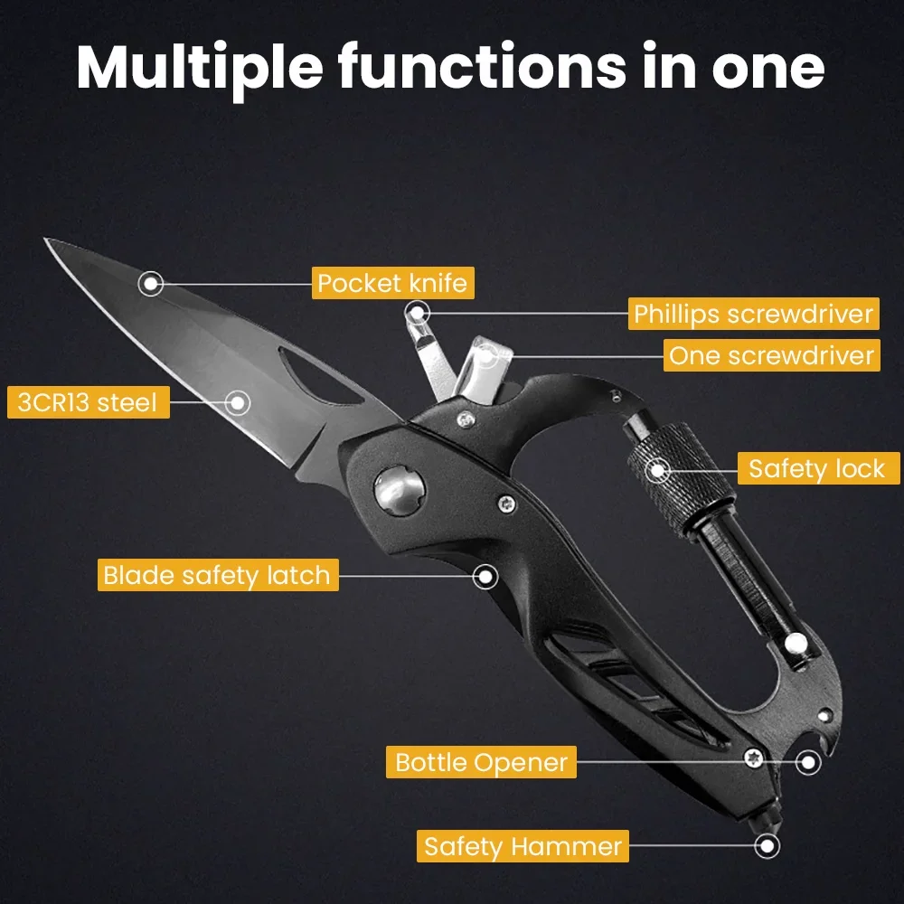 Foldable Multi-purpose Outdoor Mountaineering Buckle Tool Camping Hiking Carabiner Stainless Steel Portable Mini Pocket Knife