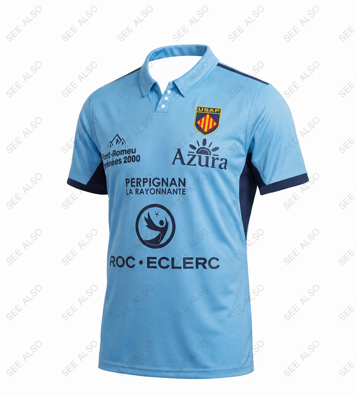 26/27 Herren Damen Kinder USAP Perpignan Auswärts-Rugbytrikot Hellblau mit Marineblauem Besatz Polokragen Kurzarm Fan-Sport-Trainings-Oberteil