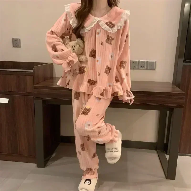 POCZCIY Ruffles Pajamas Women Autumn Winter Peter Pan Collar Ruffle Sleeve Pajama Top and Elastice Waist Pants 2 Pcs Pajama Sets