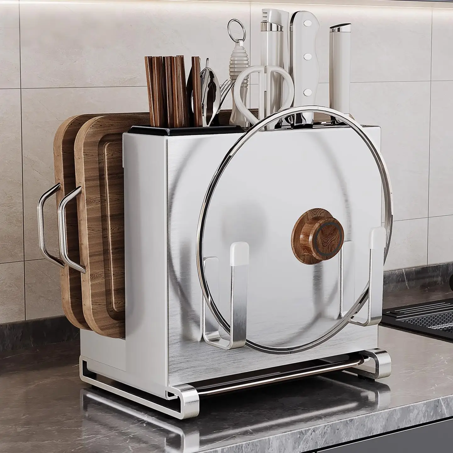 Stainless Steel Kitchen Knife Cutting Board Organizer Utensil Sections Drain Tray Countertop Or No-Drill Wall-Mounted Storage