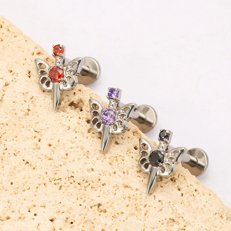 ZOOR ASTM F136 التيتانيوم فراشة خنجر شقة الظهر Labret السيف قرط الاذن المرصع الغضروف اللولب الزنمة الأذن مربط الغضروف ثقب