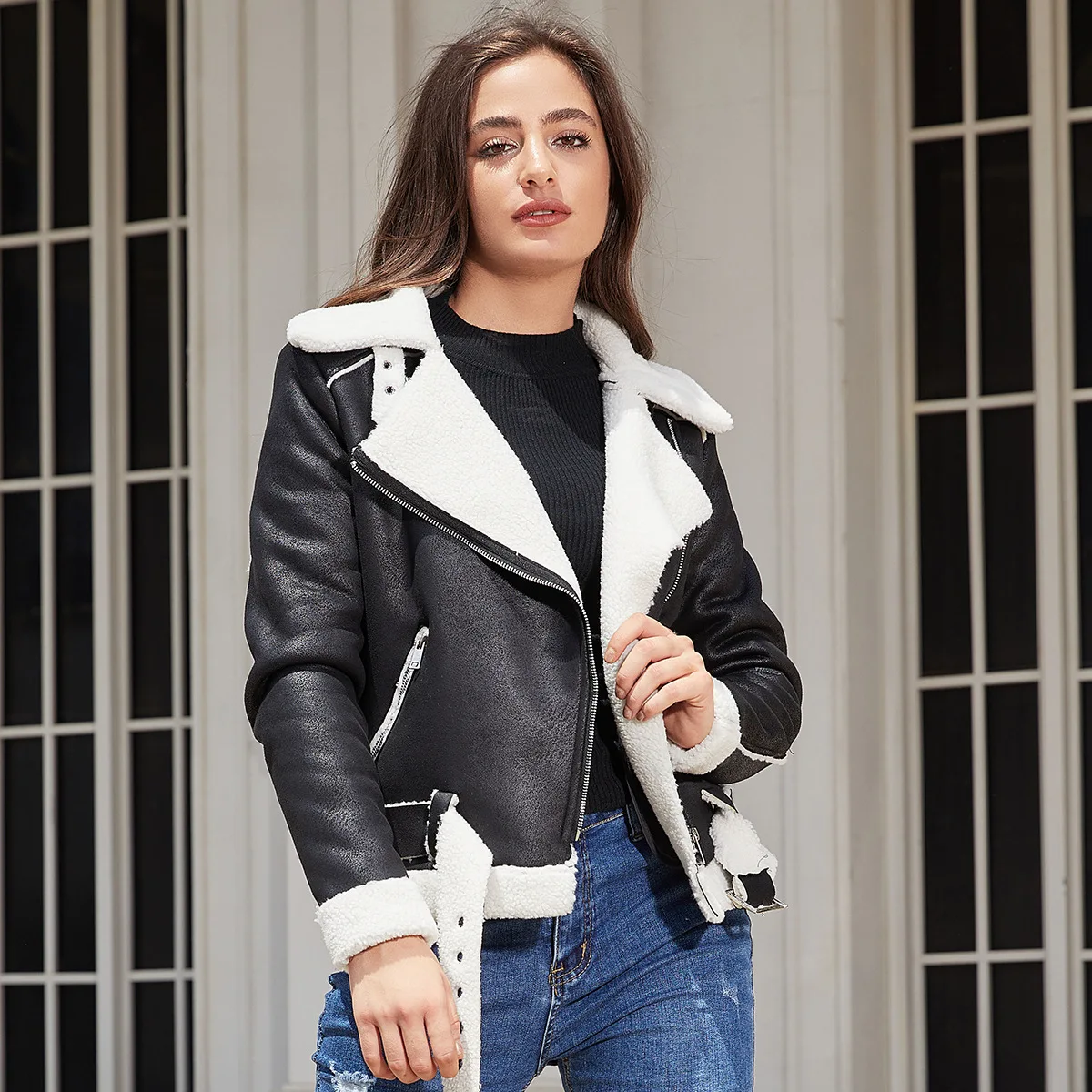 

Warm Suede Jacket Women's Autumn Winter Leather Coat with Belt Stand Collar Long Sleeve Zipper Casual Style Fashionable