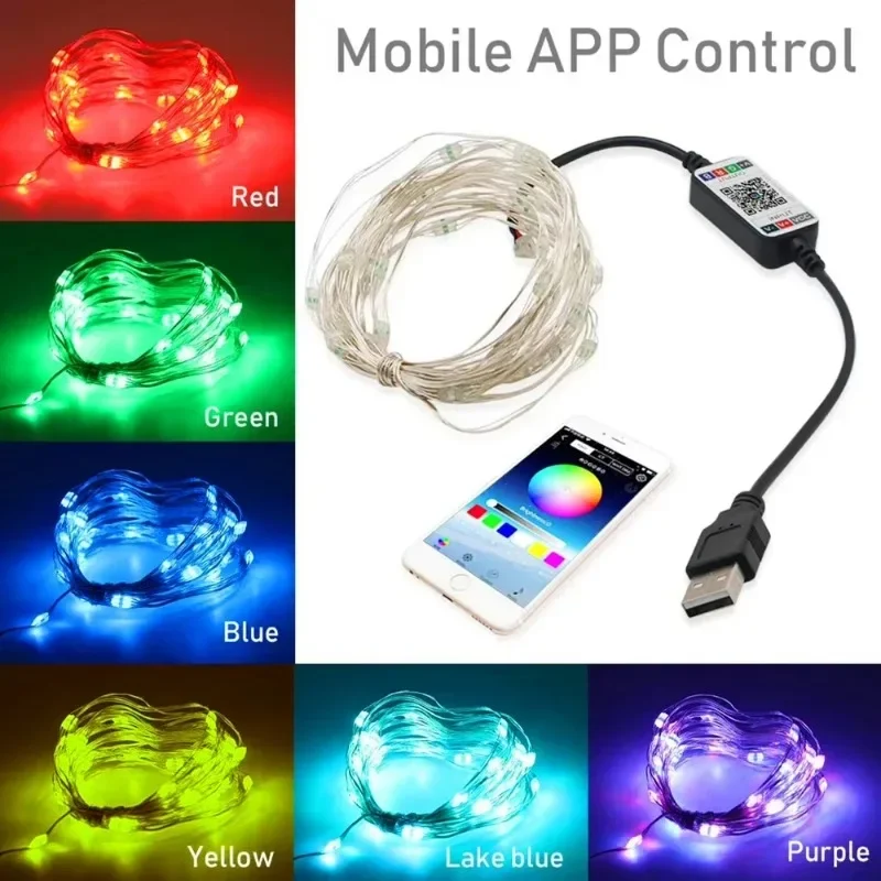 Guirnalda de luces LED con Control por Bluetooth, lámpara inteligente USB para exteriores, interior, dormitorio, fiesta, Navidad, RGB