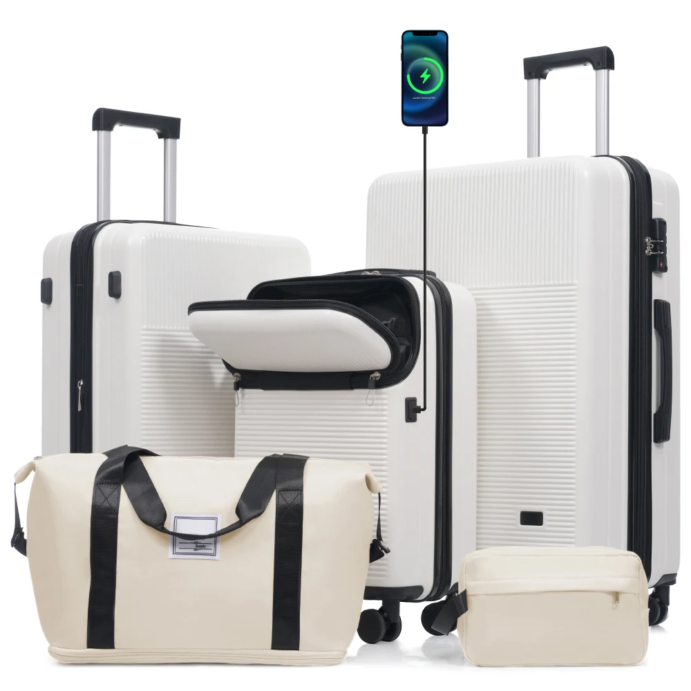 

Modern 5PCS Hardside Carry on Luggage Sets Half Opening Suitcase Double Spinner Wheels USB Port TSA Locks for Travel