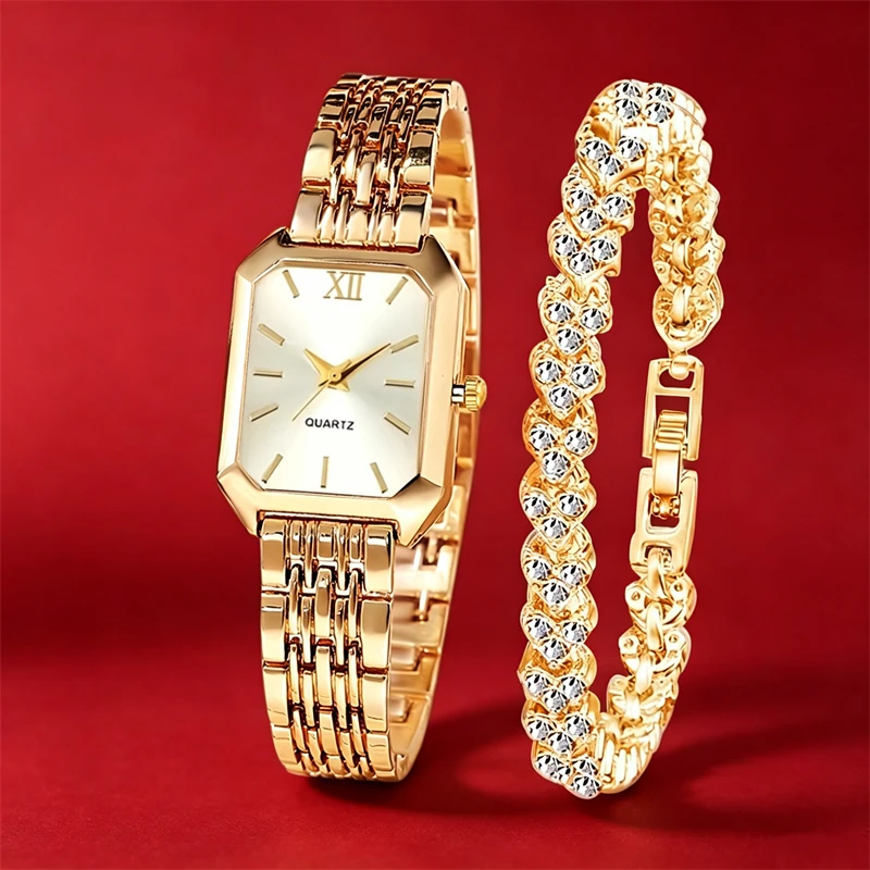 1 women's watch, 1 bracelet, elegant square quartz watch with stainless steel strap, the perfect gift for her, best gift